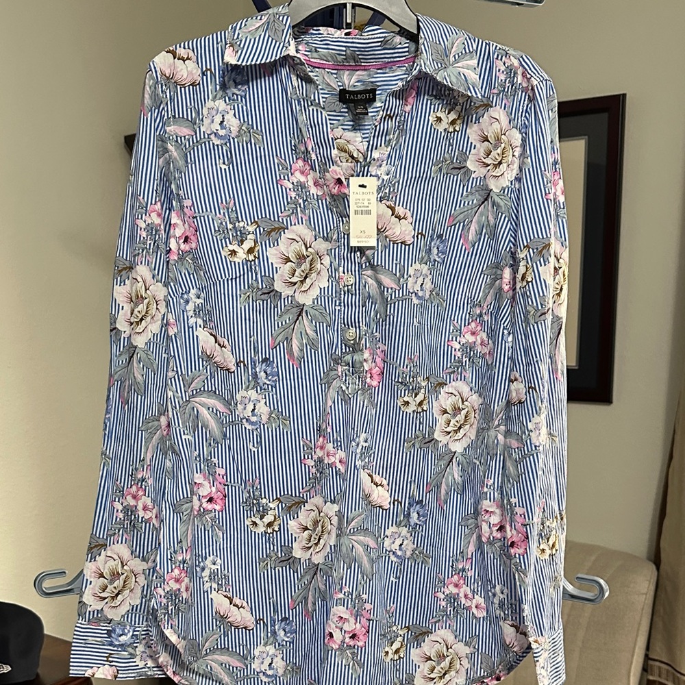 Talbots Blue Striped Floral Blouse